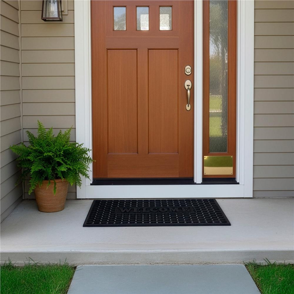 Covor de cauciuc perforat pentru intrare, PVC antiderapant, Welcome, 45x75 cm, negru