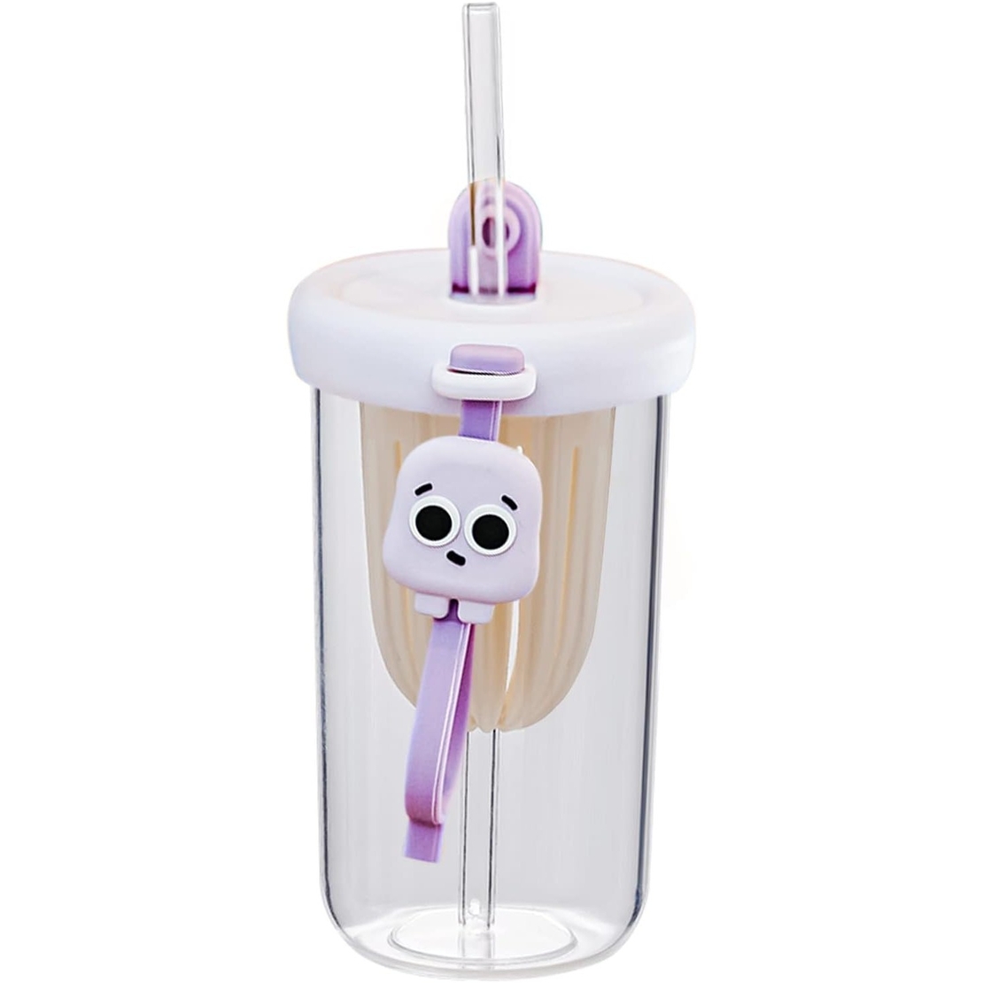 Pahar din silicon, cu capac si pai, pentru copii, Flippy, anti-cadere, compartiment pentru fructe/ceai/gheata, rezistent la temperaturi inalte, 500ml, Mov, 14.5x8.8x20 cm
