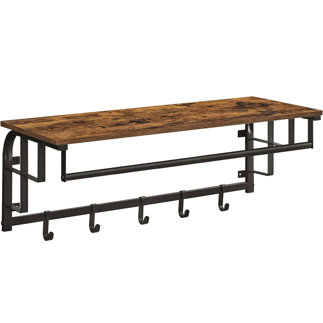 VASAGLE Cuier de perete cu raft de depozitare, 5 carlige, 30x80x27 cm, maro rustic