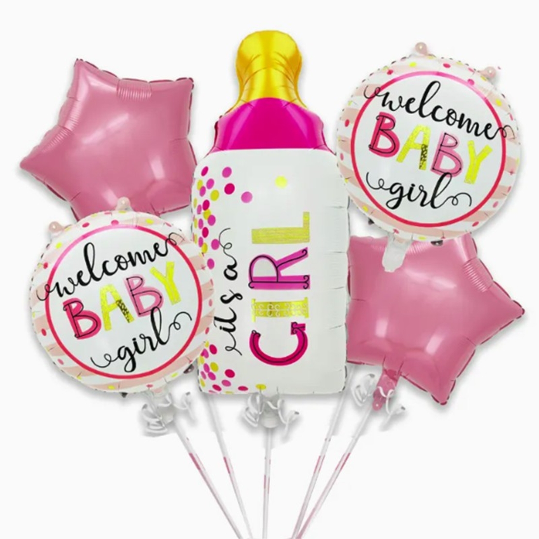 Baloane decorative GENDER REVEAL PARTY, Vafy, Figurina Sticla, Model IT'S A GIRL, Set din 5 baloane, 40 x 77 cm, pentru Botez, Roz