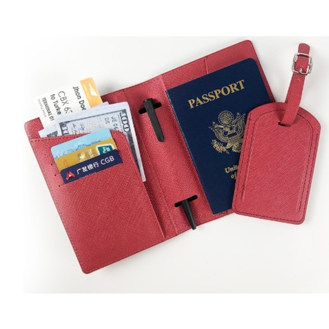 Portofel pentru Pasaport si Carduri, Vafy, 23x16 cm, 70g, din Piele PU, Suport Pix, Accesoriu Suport Eticheta, Unisex, Multifunctional, Rosu