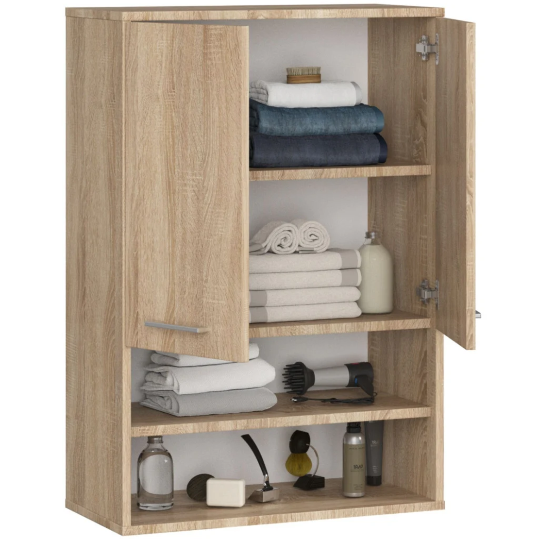 Dulap baie suspendat, cu 2 usi si 2 rafturi deschise, PAL 16 mm, 64x30x94 cm, stejar sonoma