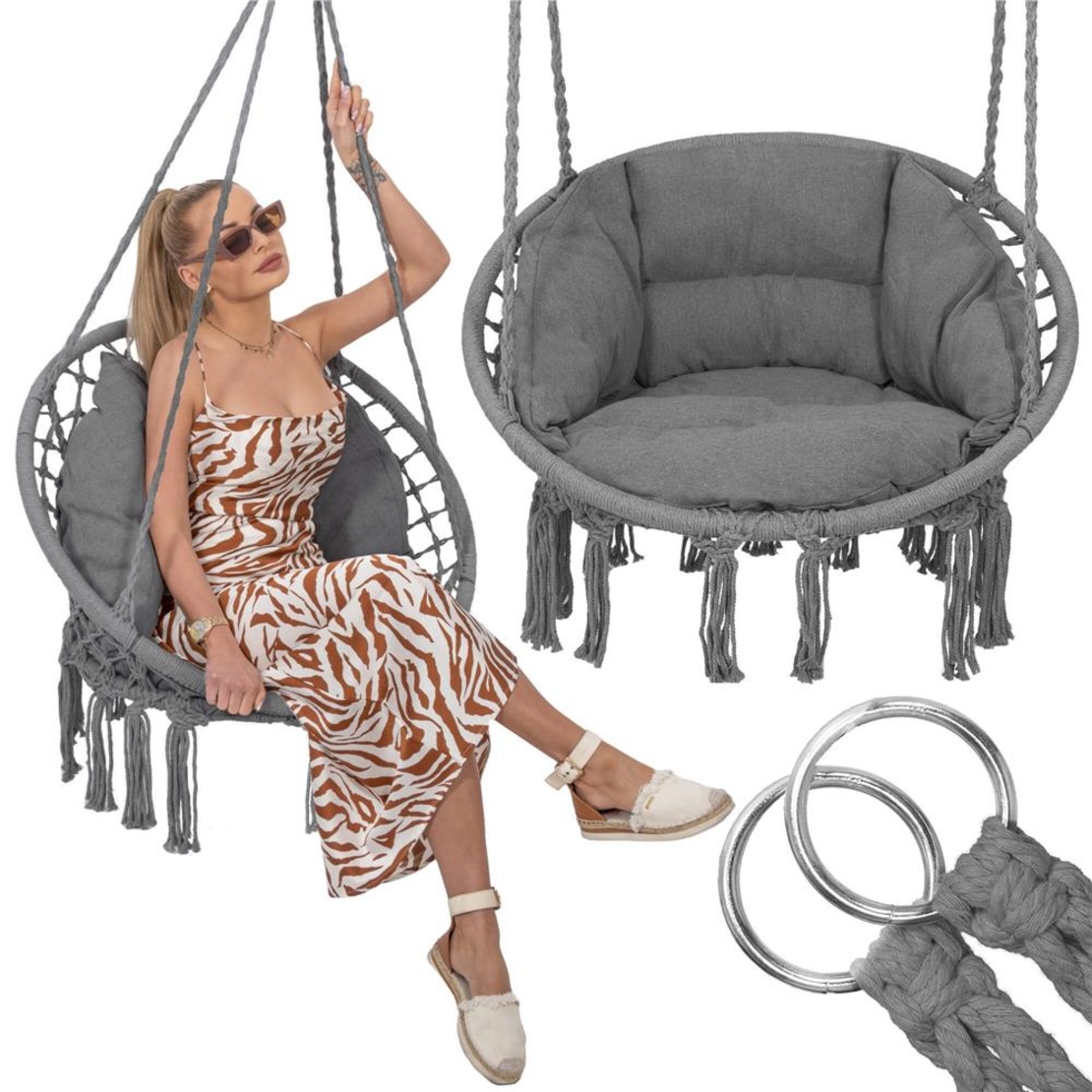 Scaun rotund Sersimo tip leagan suspendat cu perna Confort Plus casa sau gradina, gri inchis