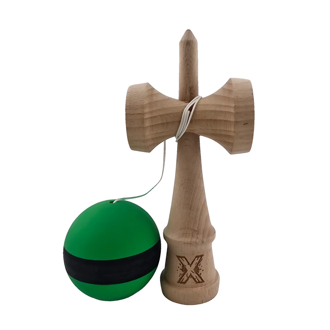 Kendama X Originala, Profesionala, Flippy, 18 cm, din Lemn, Rubber Grip, Negru/Verde