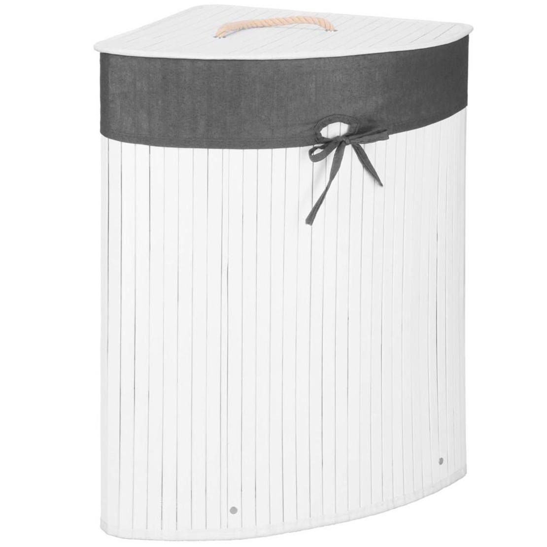 Cos de rufe triunghiular pentru colt cu capac, bambus si sac textil detasabil, 60 litri, 55x35x60 cm, alb si gri
