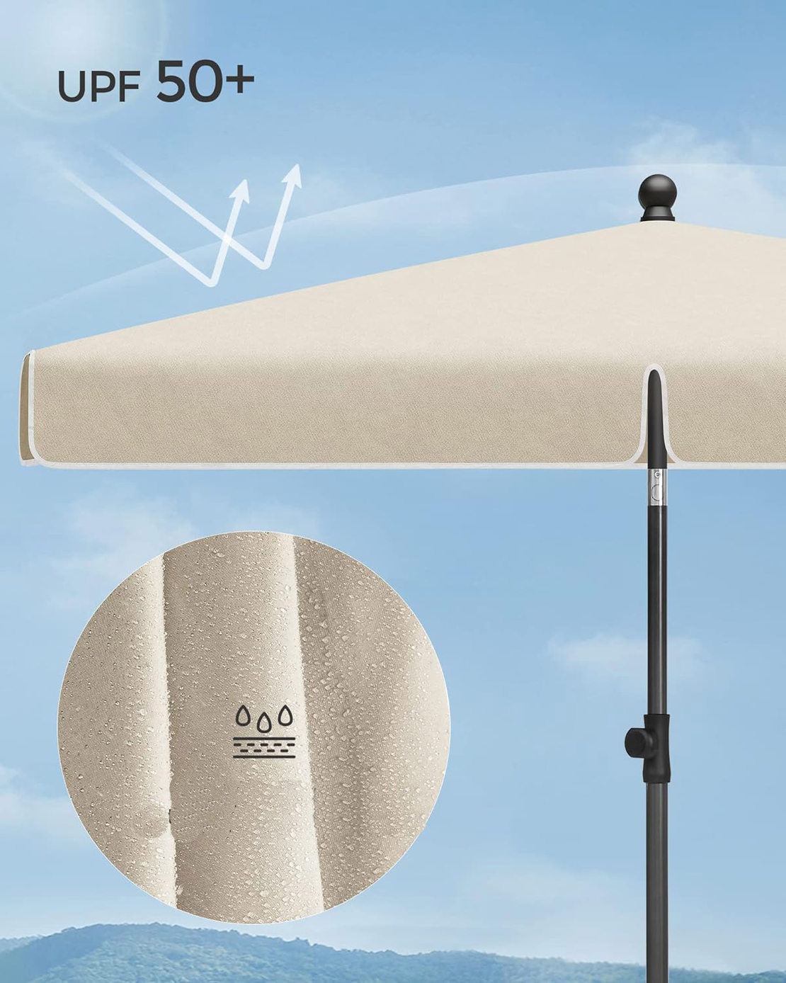 SONGMICS Umbrela terasa gradina sau plaja, cu inclinare 2 directii, protectie UV UPF 50+, husa inclusa, 200x125cm, bej