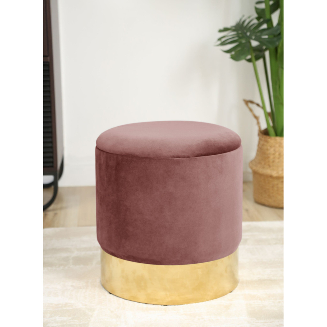 Taburet tapitat rotund Golden cu spatiu de depozitare, velur, 39x39x40 cm, roz pudrat
