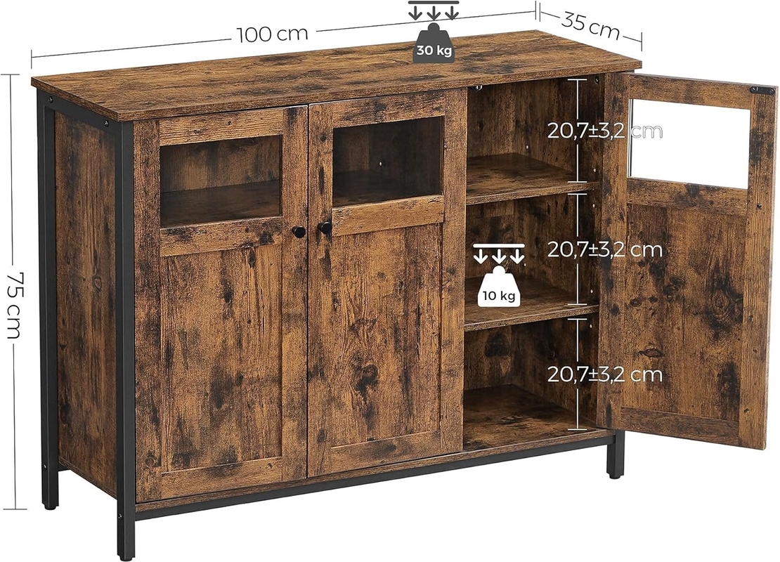 VASAGLE Comoda cu 3 usi din sticla, cadru metalic, stil industrial, 35x100x75 cm, maro rustic