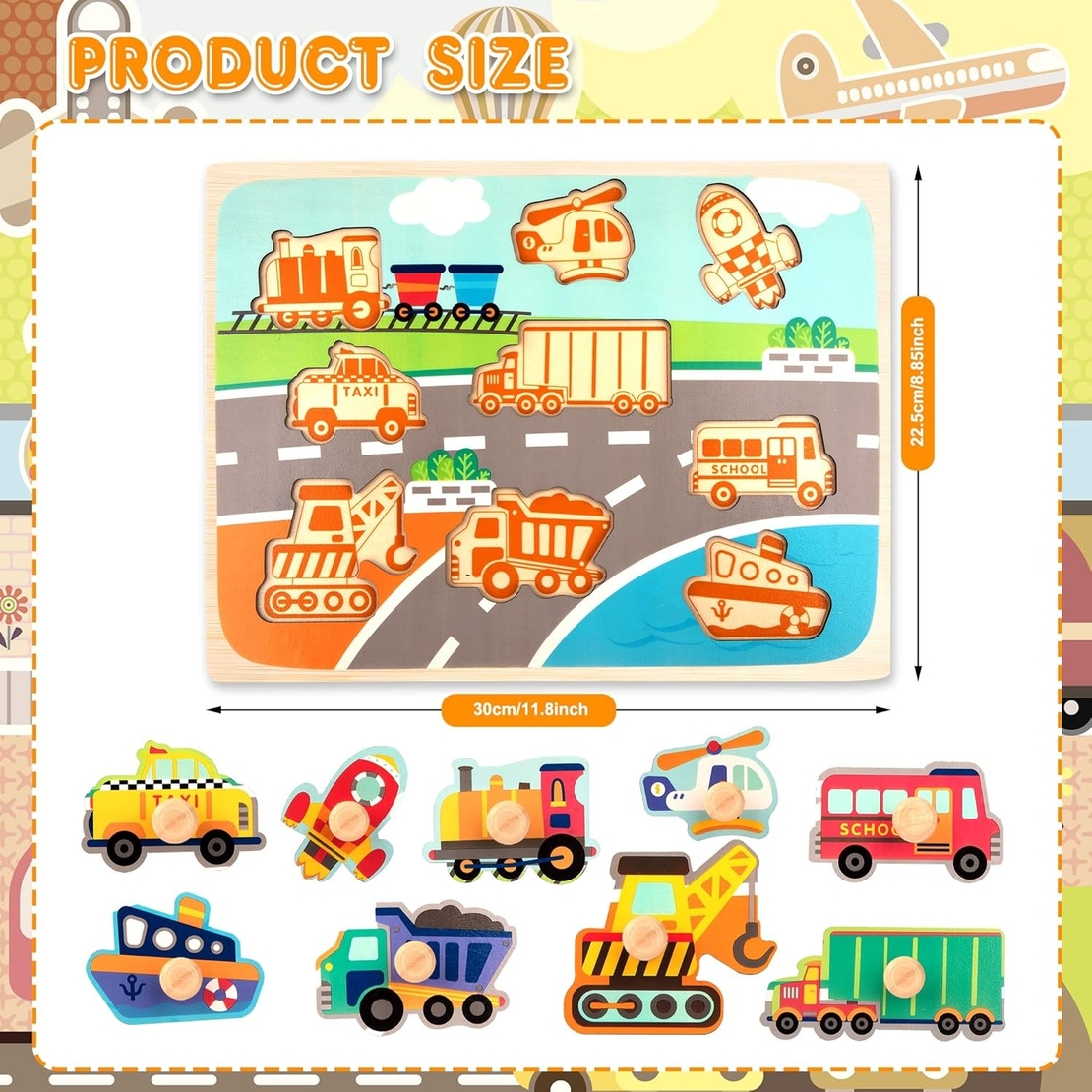Puzzle Montessori din Lemn pentru Copii, Flippy, 0-3 Ani, 3D, Model Transporturi, Educativ, Intuitiv, Creativ, 9 Piese, 30x22.5x0.8 cm, Multicolor