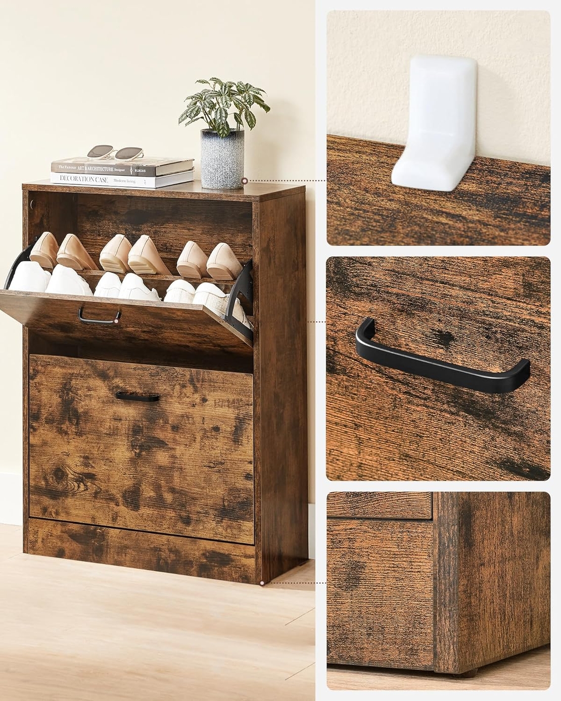 VASAGLE Dulap pantofi cu 2 usi rabatabile, din MDF, pentru 8-12 perechi, 60x24x84cm, maro rustic