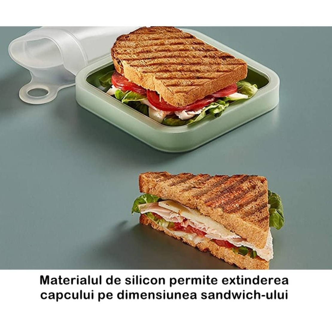 Caserola pentru sandwich Flippy, din silicon si polipropilena, portabil, usor de curatat, capac anti-scurgere, reutilizabil, 15.5 x 15.5 x 2.5 cm, verde