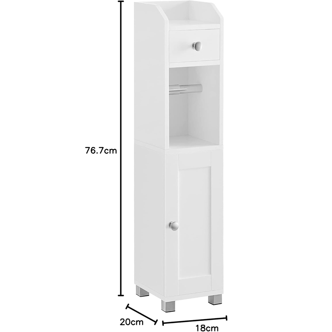 VASAGLE Dulap mic de depozitare pentru baie, din MDF, cu suport pentru hartie igienica, 20x18x77 cm, alb