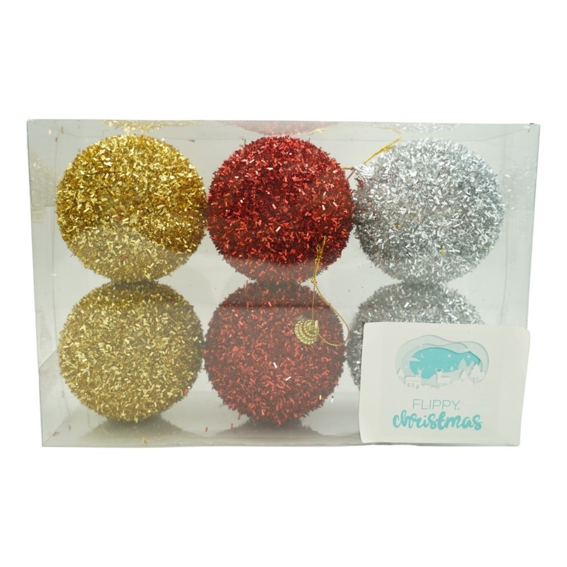 Set de 6 ornamente de brad, Flippy, de tip Glob, Multicolor, cu ø de 8 cm, din polistiren, cu finisaj sclipitor , cutie 16 cm inaltime x 24 cm lungime x 8 cm adancime