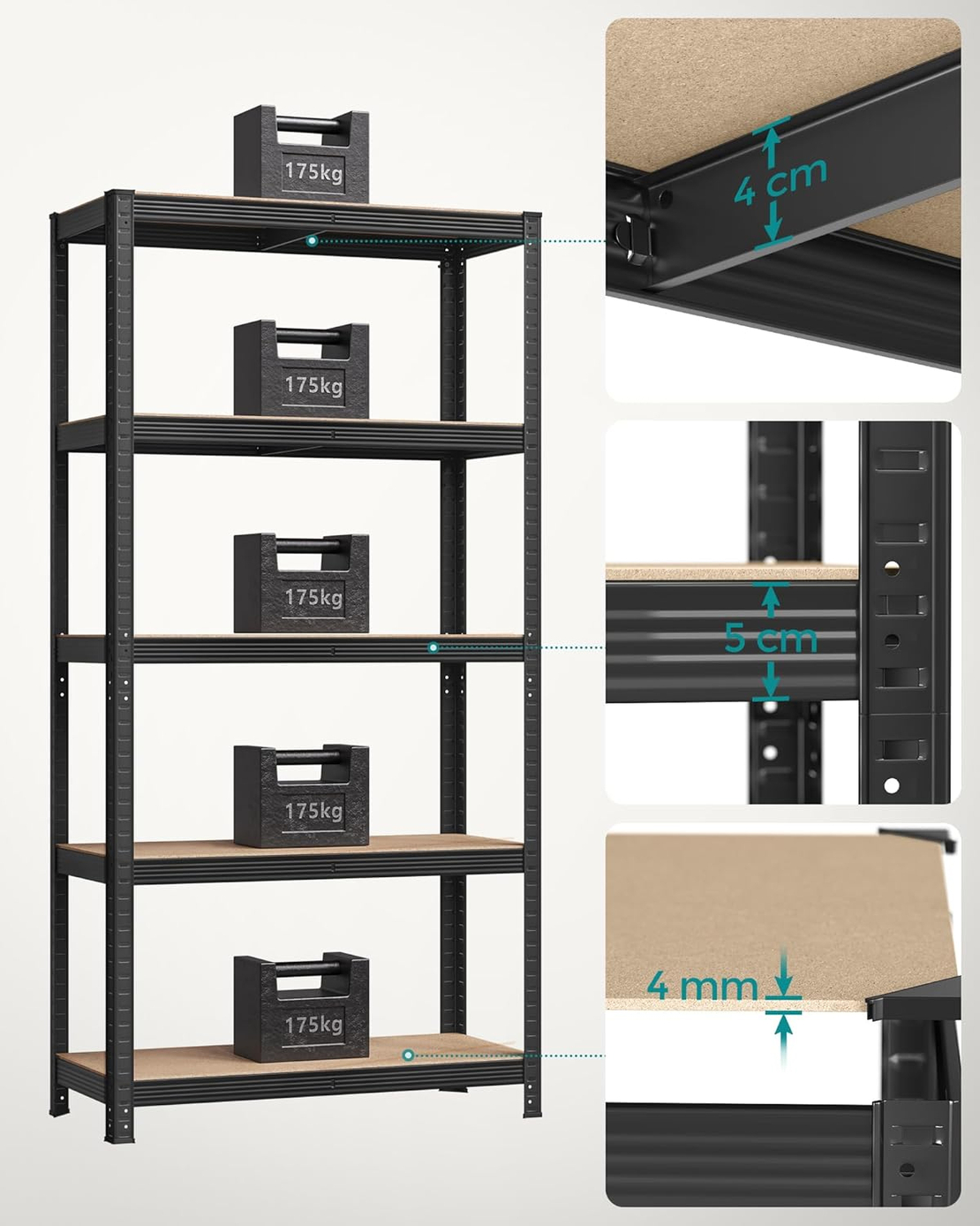 SONGMICS Set 2 rafturi metalice cu 5 niveluri reglabile, din otel si MDF, 90x40x180 cm, sarcina 875 kg, negru