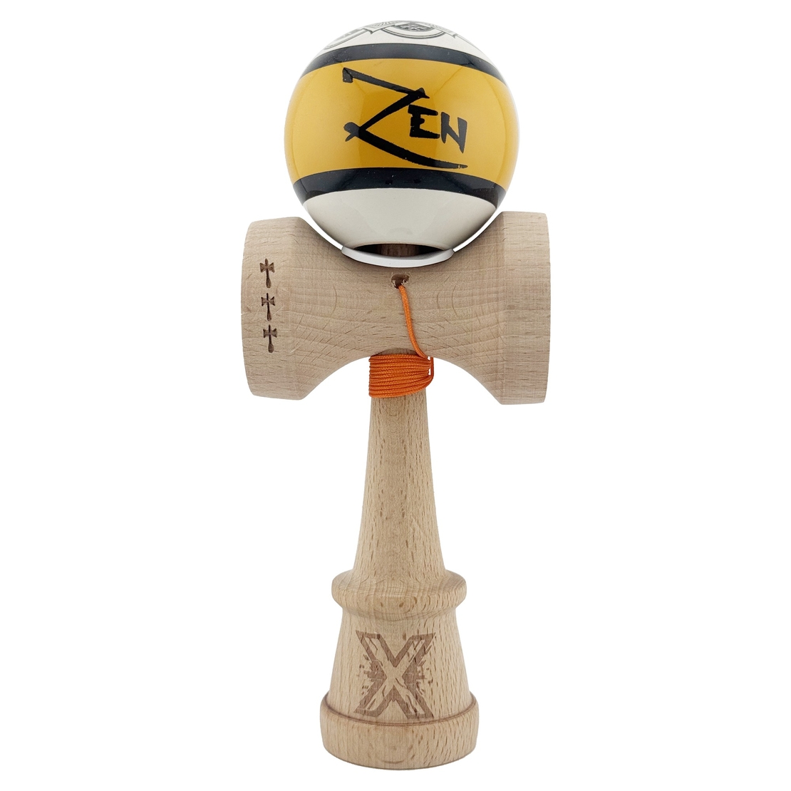 Kendama X Zen Series Originala, Profesionala, Flippy, Cupe Mari KING SIZE V3, Super Sticky, Gaura in Baza, Rulment Metalic, din lemn 18 cm, Ata 62/65 cm, Auriu