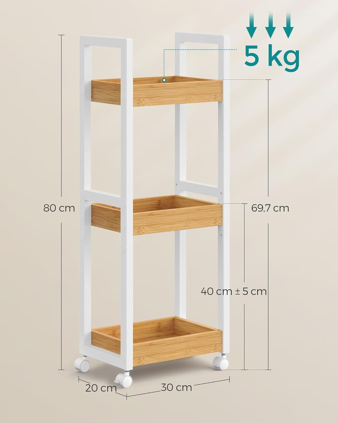 SONGMICS Carucior de baie, raft ingust cu roti, bambus si MDF, 20x30x80 cm, alb si maro natur