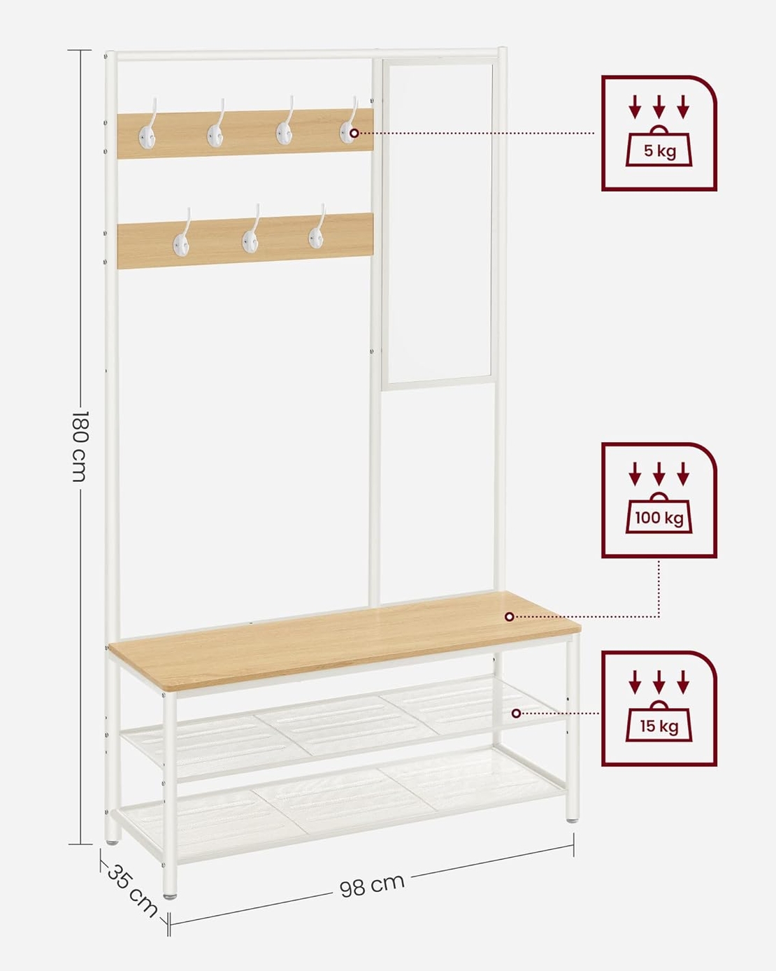 VASAGLE Cuier cu rafturi depozitare pantofi si ​​oglinda, industrial, 35x98x180 cm, maro stejar si alb