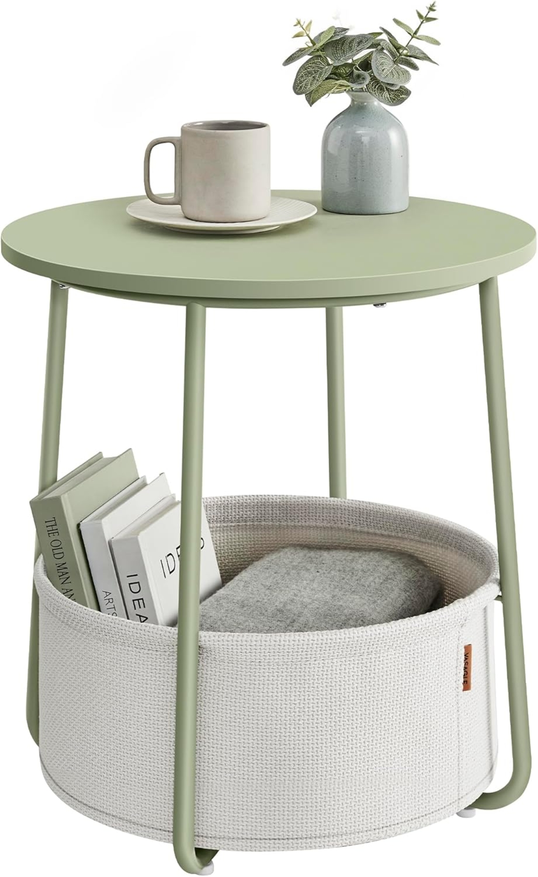 VASAGLE Masuta de cafea rotunda cu cos de stofa, stil modern, 45x50cm, verde cu crem