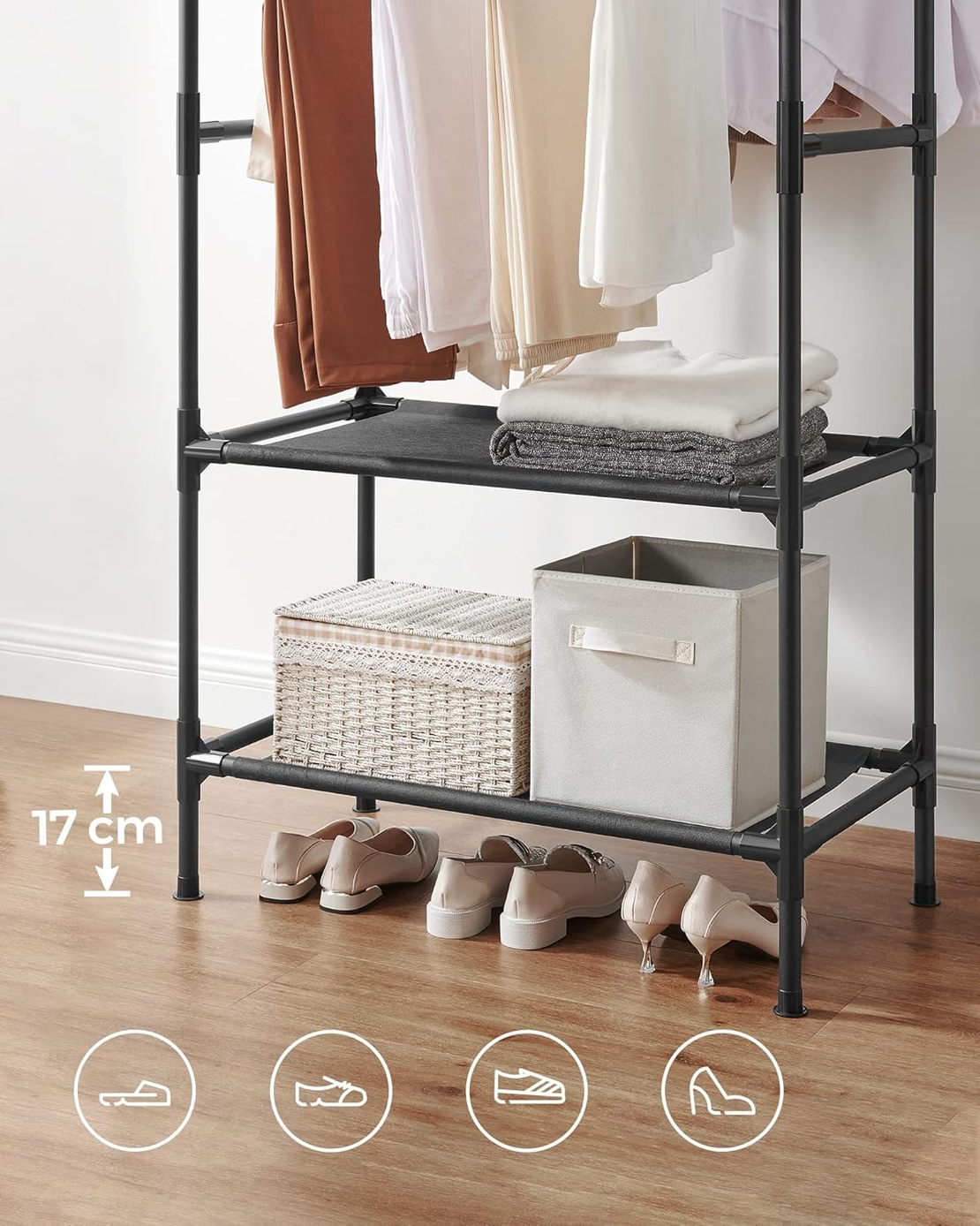 SONGMICS Raft de haine din metal, cu 2 bare de haine si 1 raft, stil industrial, 45x83x157cm, negru