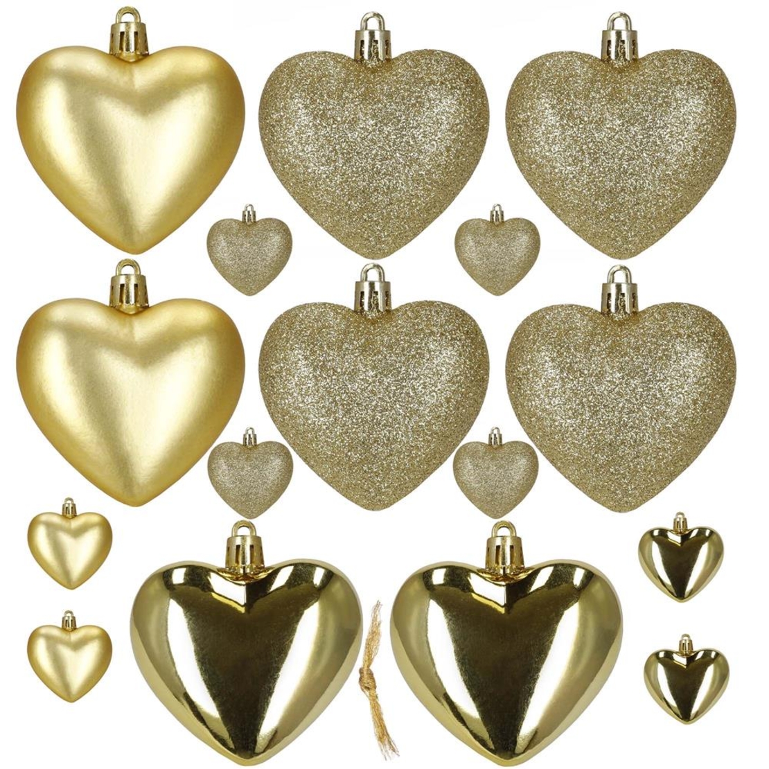 Set globuri decorative in forma de inima, 16 bucati, plastic, 4-7 cm, auriu