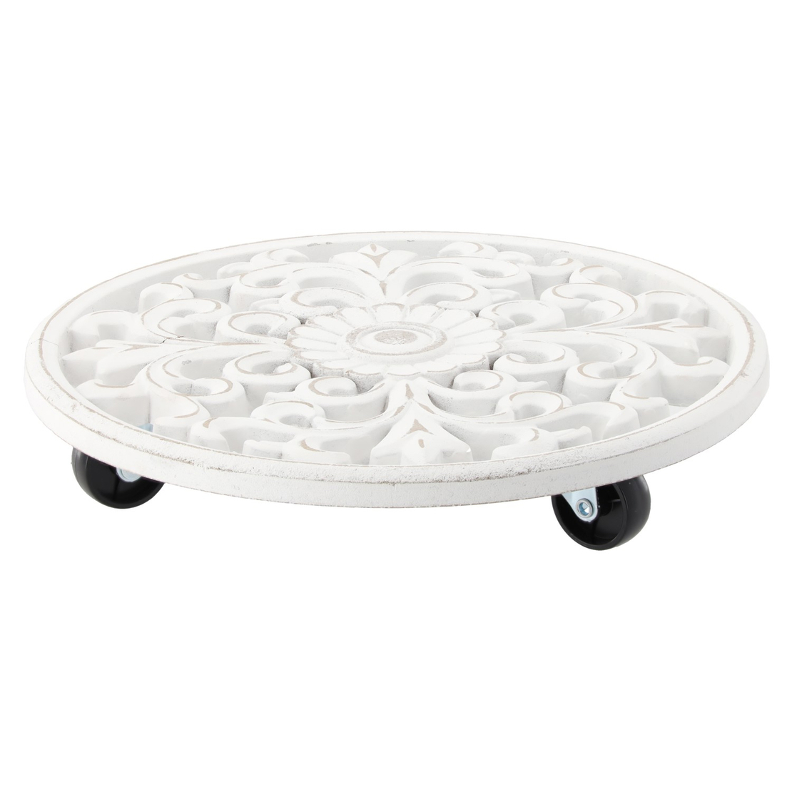Suport ghiveci cu roti, rotund, din lemn, 30x30x7 cm, alb