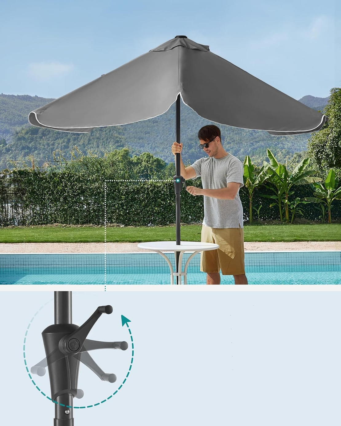 SONGMICS Umbrela de gradina cu manivela, UPF 50+, inclinare 30°, structura metalica, 300x200 cm, gri