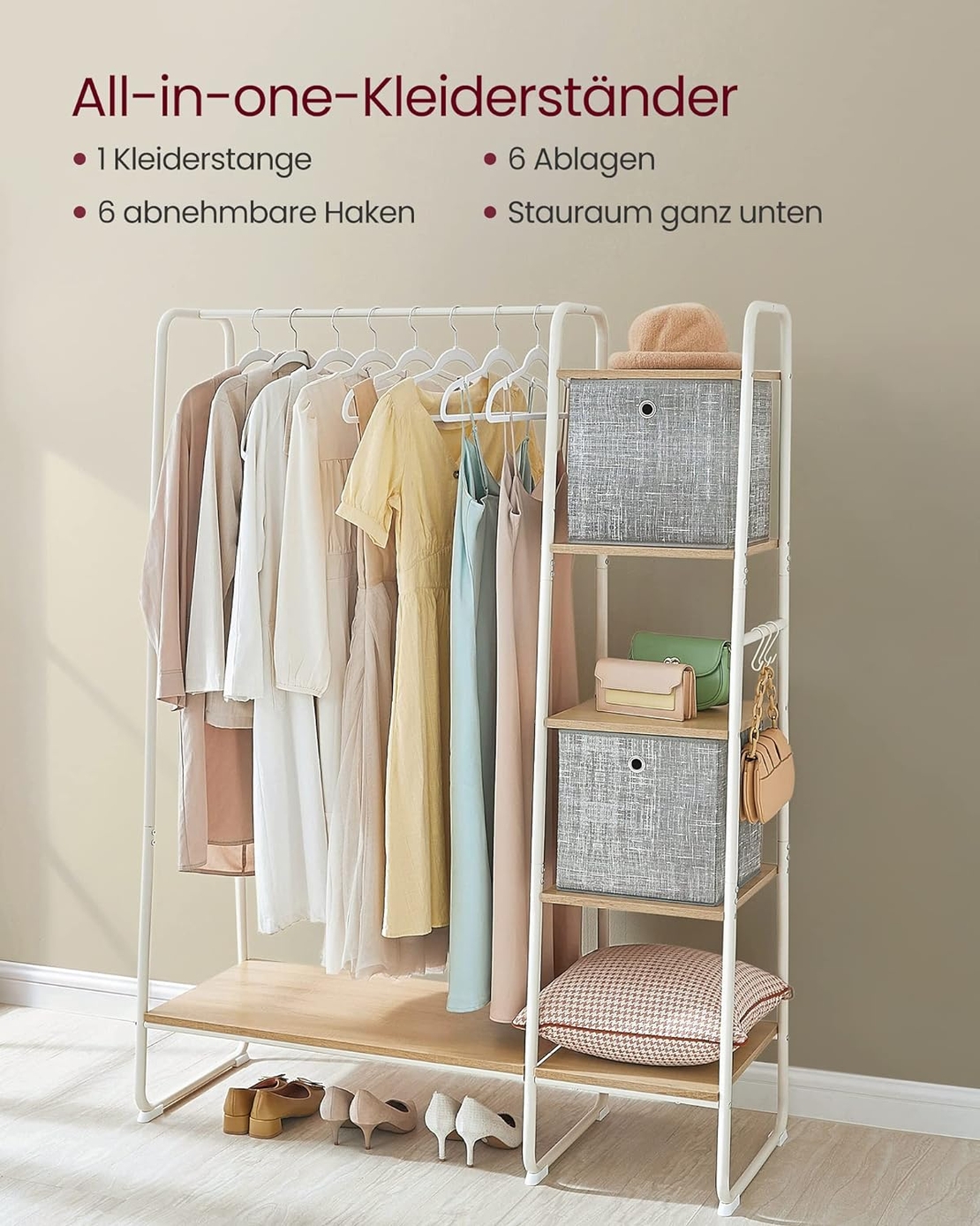 VASAGLE Raft pentru haine cu suport pentru pantofi, 5 polite, 6 carlige laterale, 45x120x160cm, alb