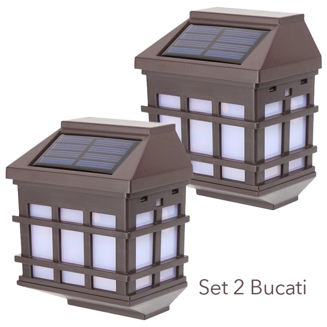 Lampa solara LED tip Felinar pentru perete, Flippy, Set 2 Bucati, 11.5 x 8.3cm, 1.2V, ABS, 400mAh, Lumina Alb Cald, Maro
