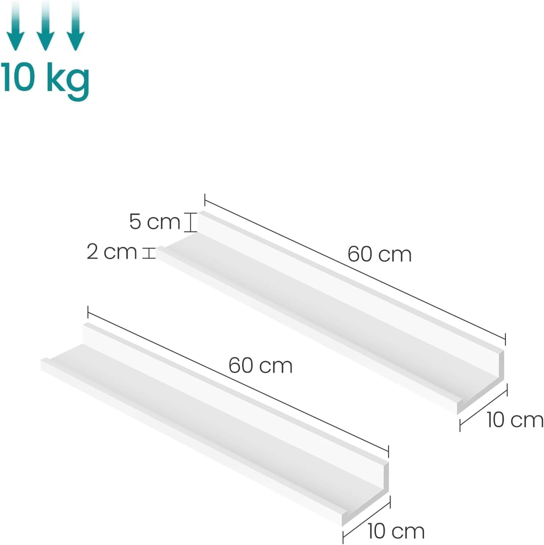SONGMICS Set 2 rafturi plutitoare suspendate perete cu finisaj lucios, MDF, 60x10x5 cm, alb
