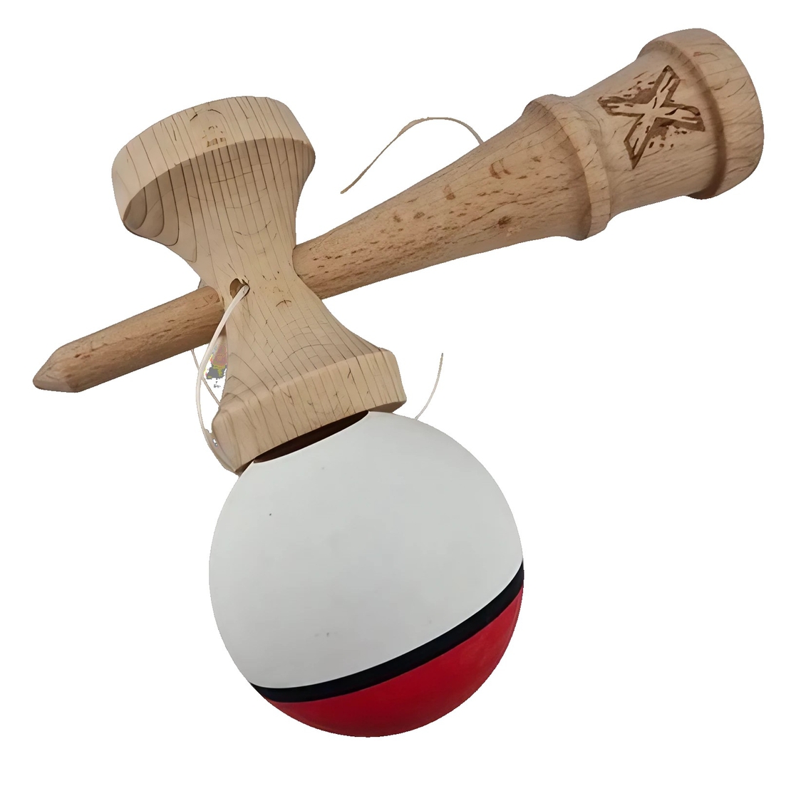 Kendama X Originala, Profesionala, Flippy, din Lemn, Rubber Grip, 18 cm, Rosu/Alb
