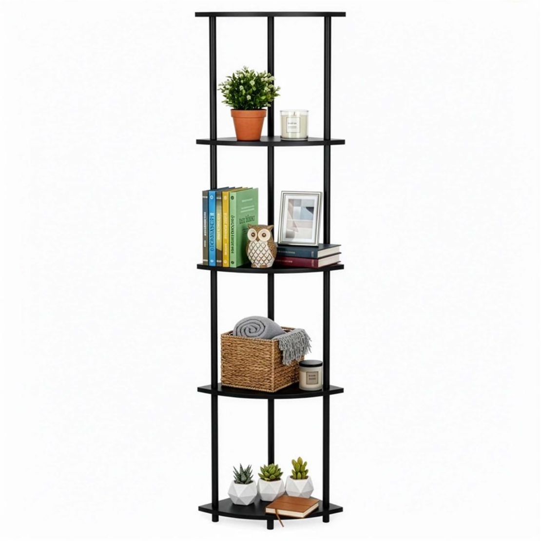 Raft de colt cu 5 polite, MDF, cadru metalic, 148x30x30 cm, negru