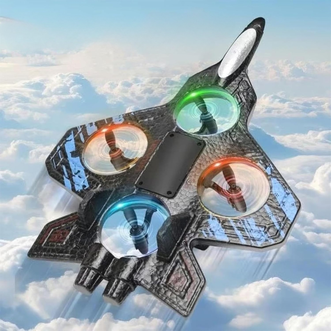 Avion de Lupta cu Telecomanda, Flippy, Tip Drona, din EVA (Spuma), cu Telecomanda, Incarcare USB, 2.4 GHz, Rotire 360°, Zbor pana la 120 m, LED, 25.5 x 18 x 5.2 cm, Negru-Albastru