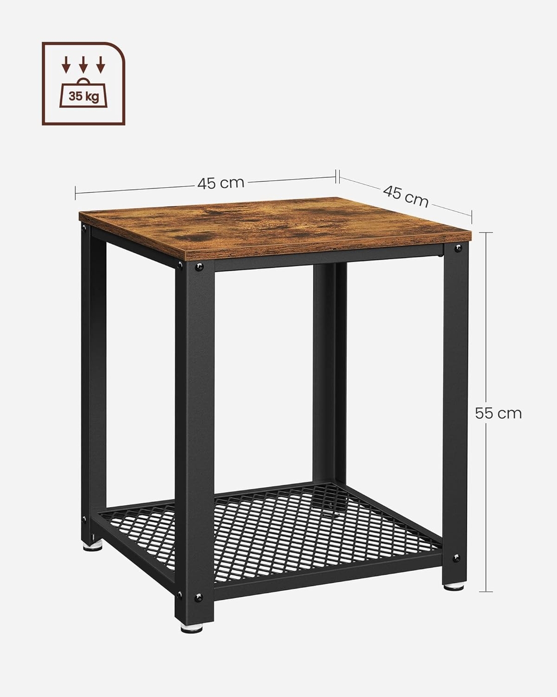 VASAGLE Masa de cafea laterala, tip noptiera, cu cadru metalic, 45x45x55cm, maro rustic si negru
