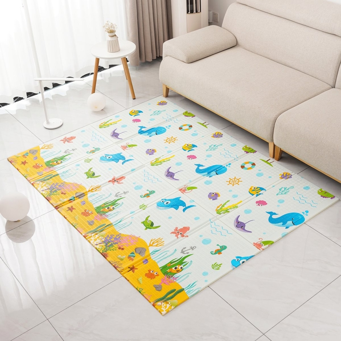 Covoras pentru Copii, Flippy, cu 2 Fete, Model Animale Marine/Exotice, din XPE+PE, Impermeabil, Antiderapant, Protectie Termica, +3 Luni, Pliabil, 180 x 200 x 1.5 cm, Multicolor