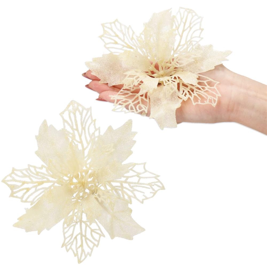 Set 10 ornamente pentru bradul de Craciun, stea Poinsettia, 16cm, crem