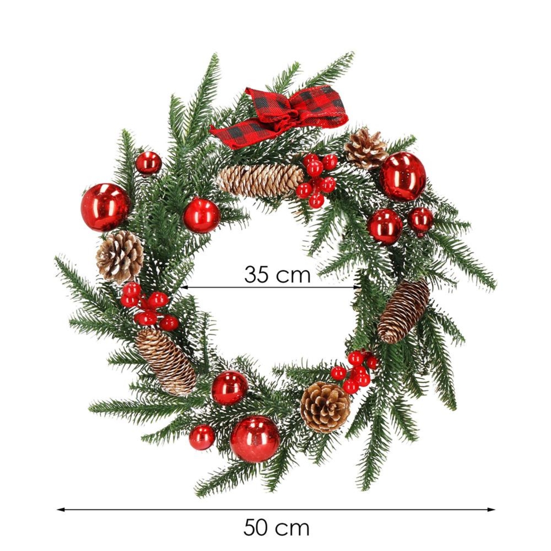 Coronita pentru Craciun, 50 cm, din brad artificial 3D, cu conuri, verde