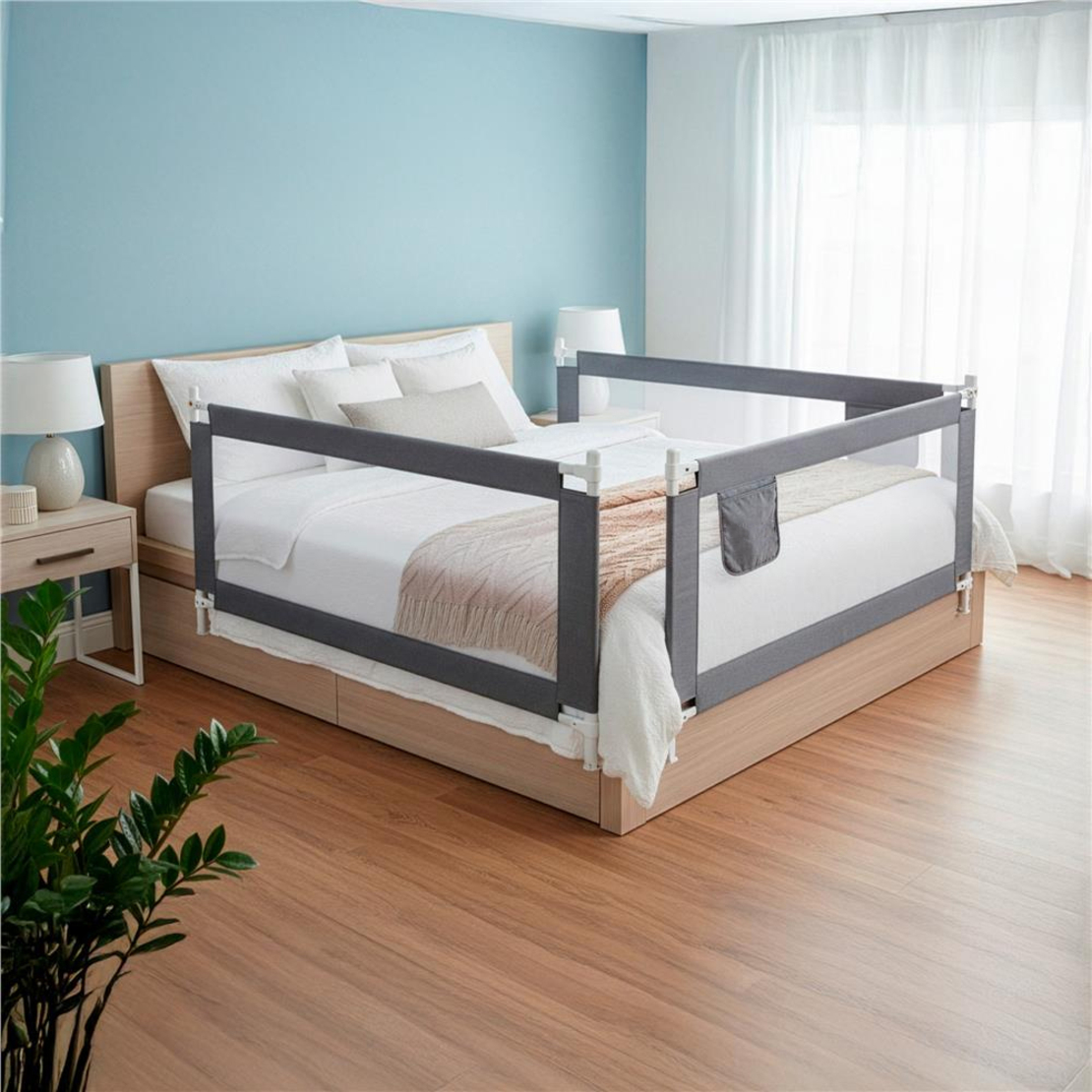Bariera de siguranta pentru pat, protectie copii, 196 cm, reglabila pe inaltime 75-95 cm, gri