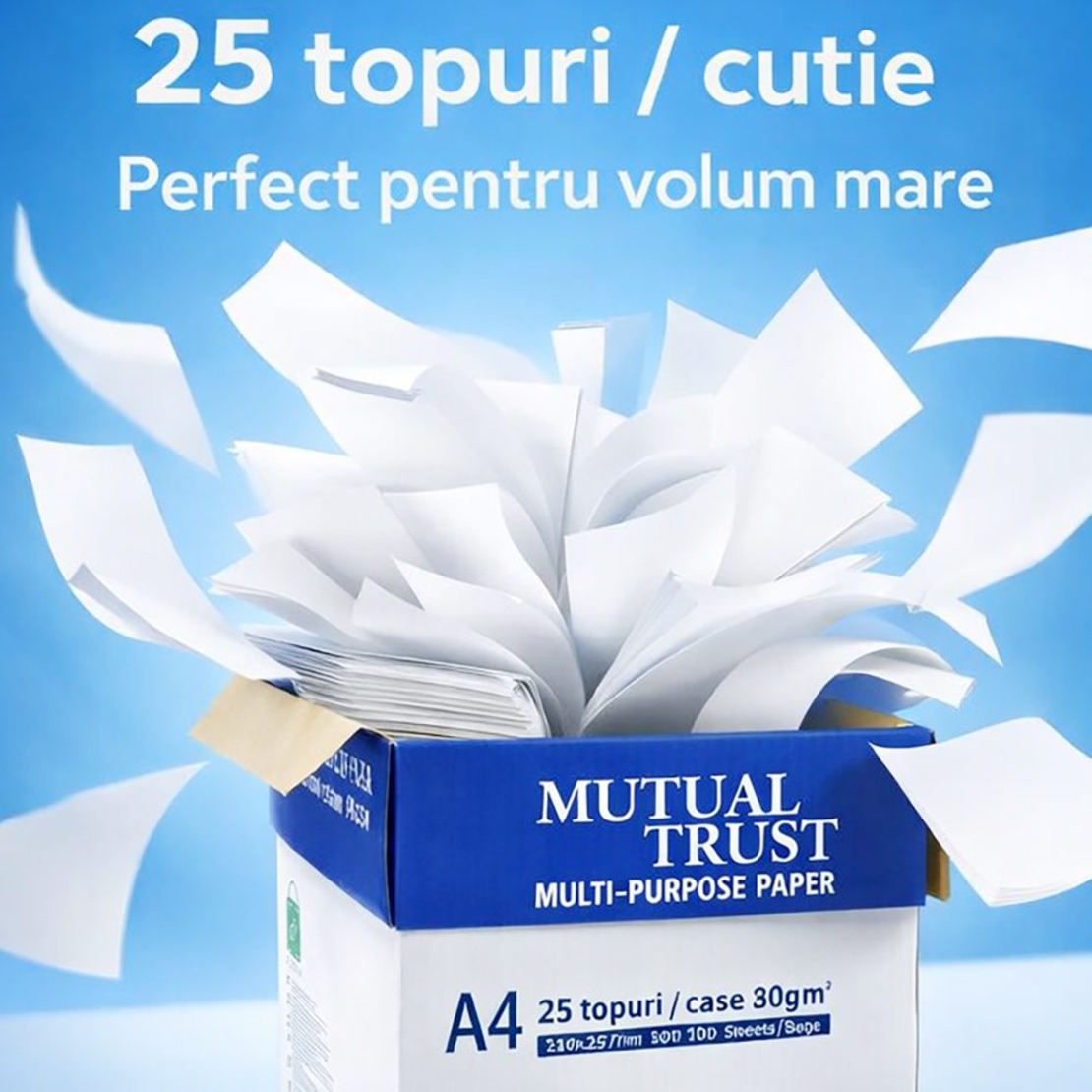Hartie Copiator A4 Mutual Trust Cardboard, Flippy, 80 g/mp, 25 topuri x 100 coli/top (2500 coli), 210 x 297 mm, Hartie Multifunctionala pentru Printare, Copiere si Proiecte Creative