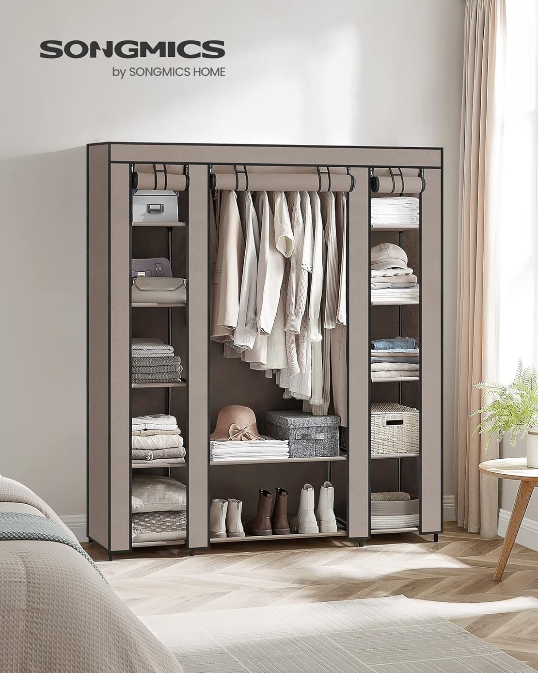 SONGMICS Garderoba din material textil, dulap portabil, cu rafturi si sina de agatat, 150x45x175cm, taupe