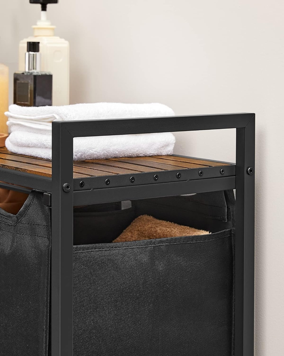 VASAGLE Cos de rufe, 3 compartimente, saci de rufe detasabili, raft, cadru metalic, 3x38L, 93x33x72 cm, maro rustic si negru