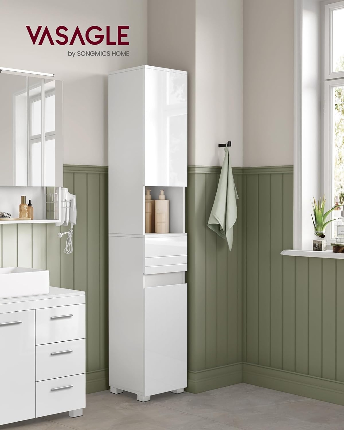 VASAGLE Dulap de baie tip coloana, din MDF, cu sertar si 2 usi, 30x30x170cm, alb
