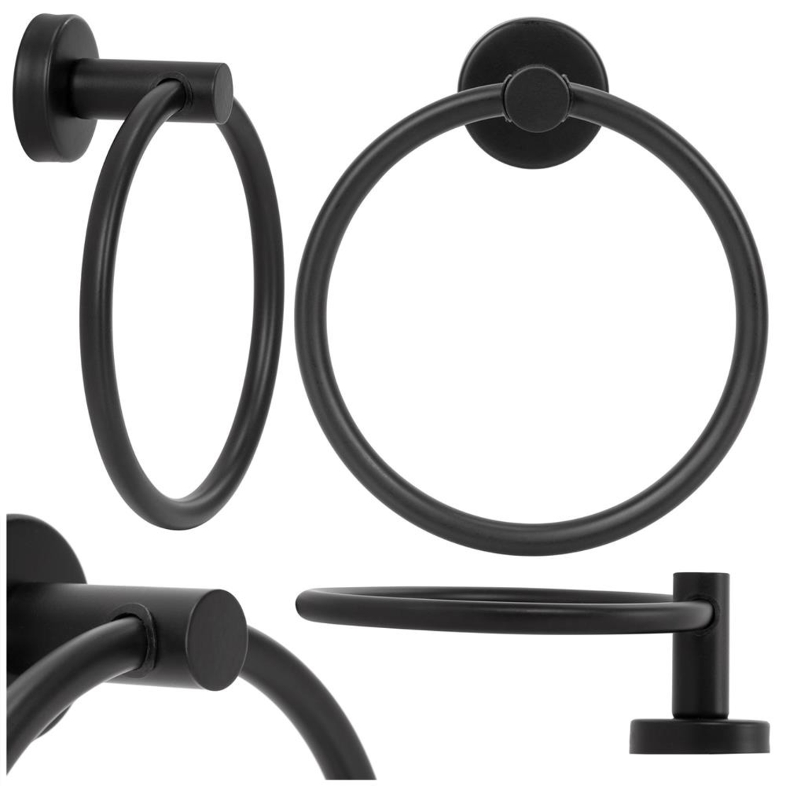 Suport metalic tip inel pentru prosop, inox cu finisaj mat, diametru 17 cm, accesorii montaj incluse, negru