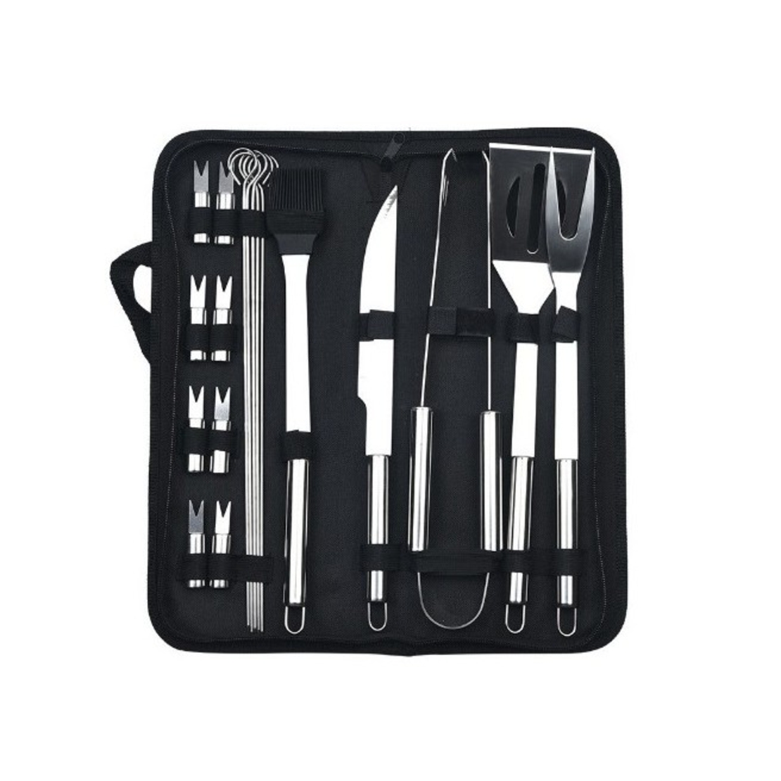 Set 18 Ustensile pentru Gratar, Flippy, din Otel Inoxidabil, Geanta Oxford, Argintiu