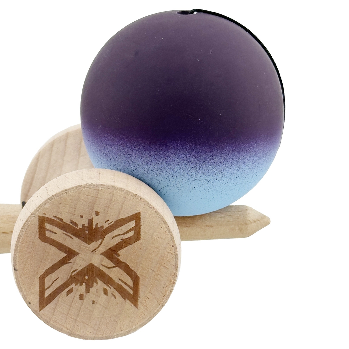 Kendama X Originala, Profesionala, Flippy, Cupe Mari KING SIZE V3, Rubber Grip, Gaura in Baza, Rulment Metalic, din lemn 18 cm, Ata 62/65 cm, Gradient Negru/Albastru deschis