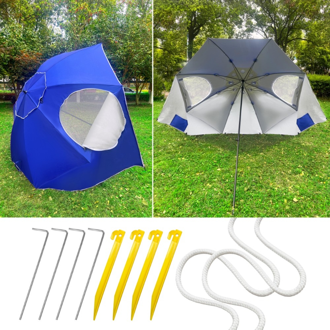 Umbrela plaja 3in1 215x205 cm, cu paravan lateral, fereastra si husa transport, material UV, albastru