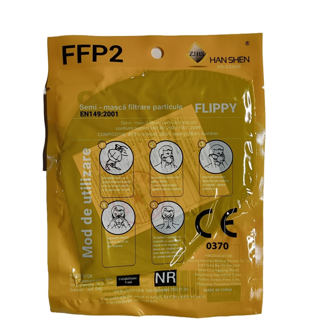Set 3 bucati Masca de protectie faciala, Flippy, de unica folosinta pentru adulti, FFP2, KN95 CE 0370, 5 straturi, nesterila, ambalaj individual, Negru