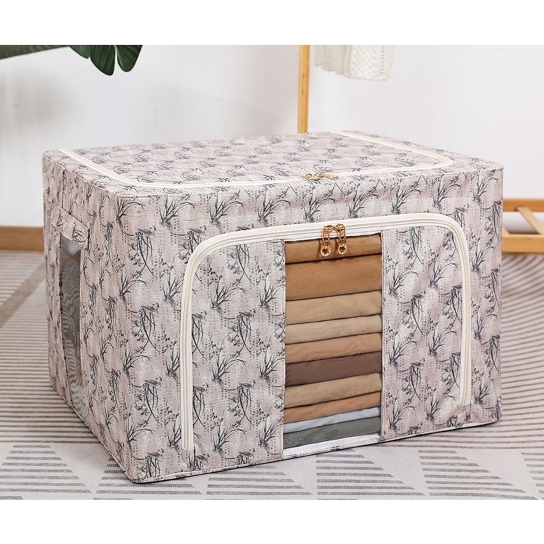 Cutie Depozitare, Vafy, 66L, din Material Textil, 50 x 40 x 33 cm, pentru Haine si Lenjerii, Model Bambus, Galben