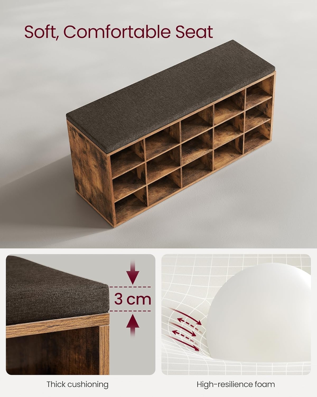 VASAGLE Banca pentru hol cu suport pentru pantofi, 15 compartimente, cu perna, 30x105x48cm, maro rustic
