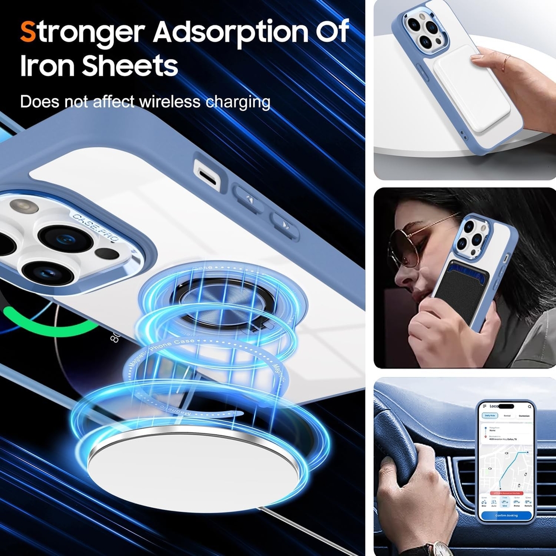 Husa de Protectie TPU, Vafy, pentru iPhone 16 Pro, Anticadere, cu Incarcare Wireless, Tehnologie Magsafe, Inel Magnetic Rotativ cu Functie de Suport, Transparent-Albastru Deschis