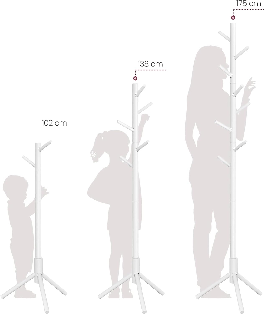 VASAGLE Cuier pentru haine, din lemn masiv, tip pom, cu 8 carlige, 175cm, alb